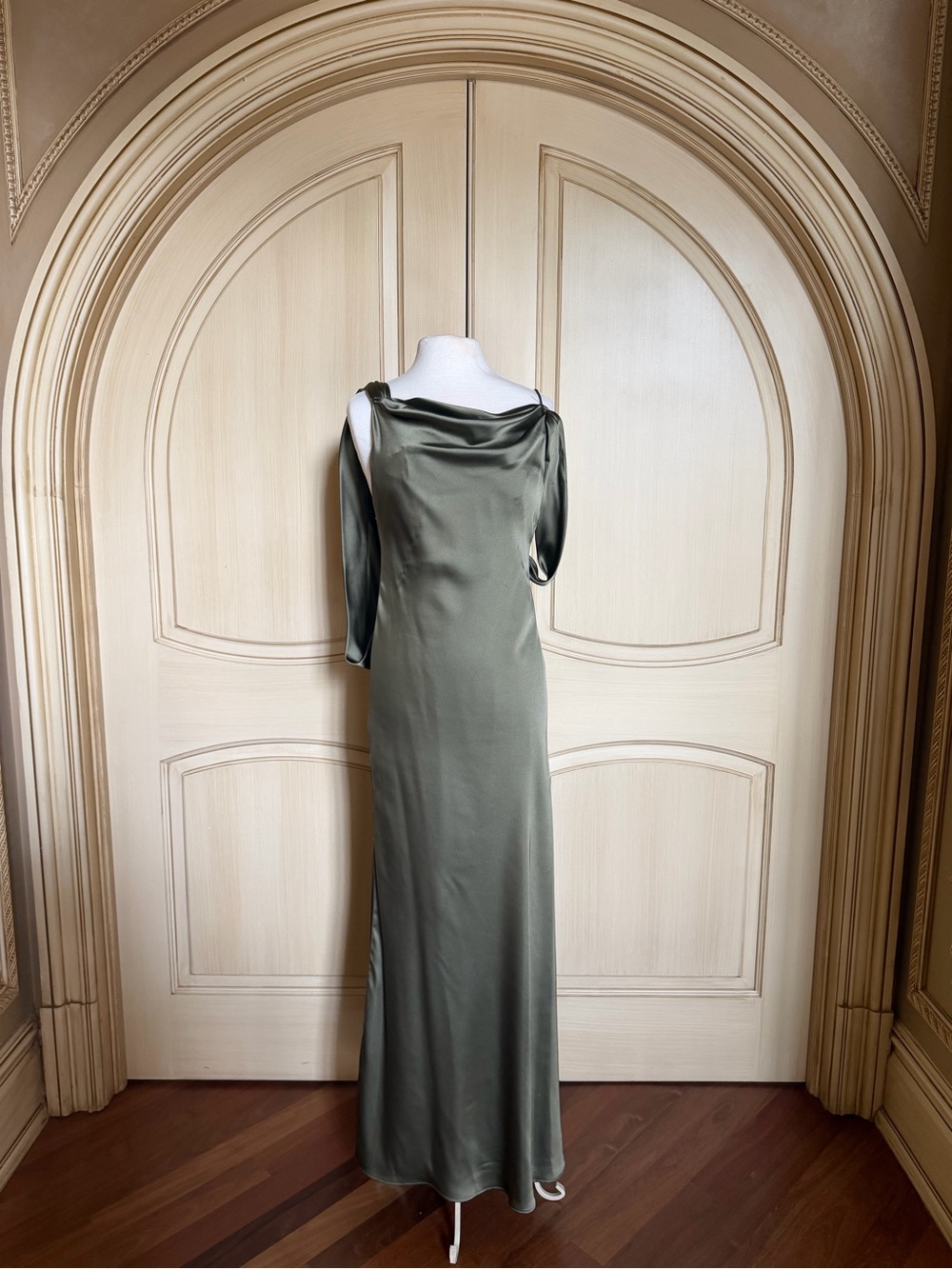 Fame and Partners Olive Satin Cowl-Neck Maxi Dress
